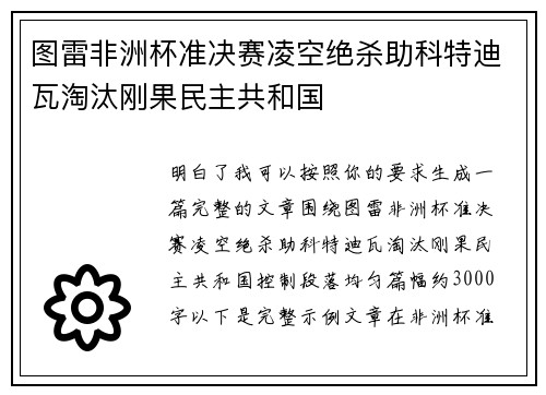 图雷非洲杯准决赛凌空绝杀助科特迪瓦淘汰刚果民主共和国